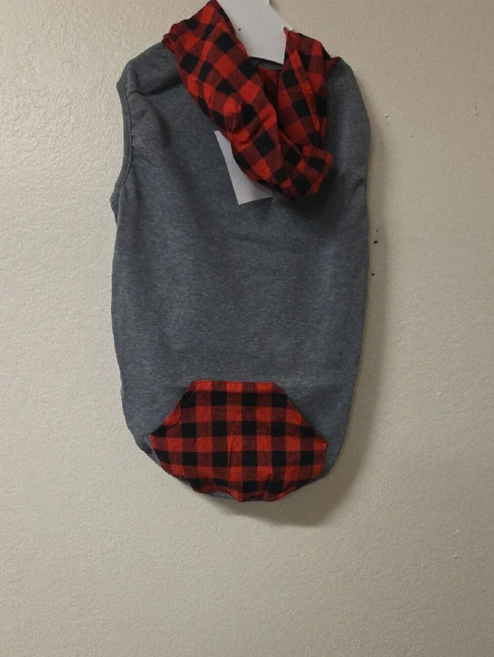 Gray Dog Hoodie with Red Buffalo Plaid Accents